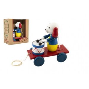 Teddies Pes s bubnem dřevo tahací 20cm v krabičce