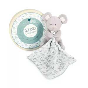 Doudou et Compagnie Paris Doudou Dárková sada - Plyšová myška s dečkou z BIO bavlny 15 cm zeleno-bílá