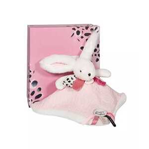 Doudou et Compagnie Paris Doudou Dárková sada růžová - králíček s čtvercovou dečkou 25 cm