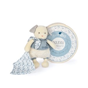 Doudou Dárková sada - Plyšový pejsek s dečkou z  BIO bavlny 22 cm
