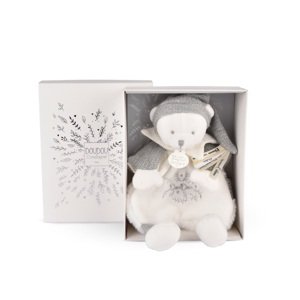 Doudou Dárková sada Plyšový muchláček medvídek s čepičkou šedý 25 cm