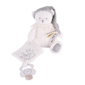 Doudou Dárková sada Plyšový medvídek s úchytem na dudlík a dečkou šedý 20 cm