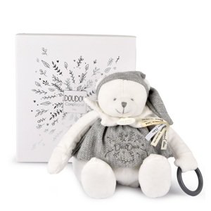 Doudou Dárková sada Plyšový lední medvídek s kroužkem 30 cm šedý